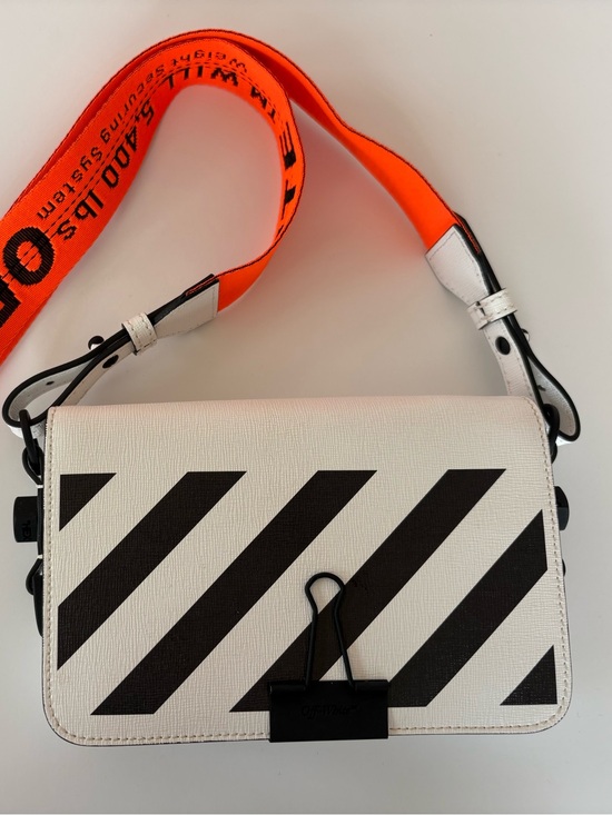 Off-White Handbags - Off-White White and Black Diagonal Stripe Crossbody with Neon Orange Strap